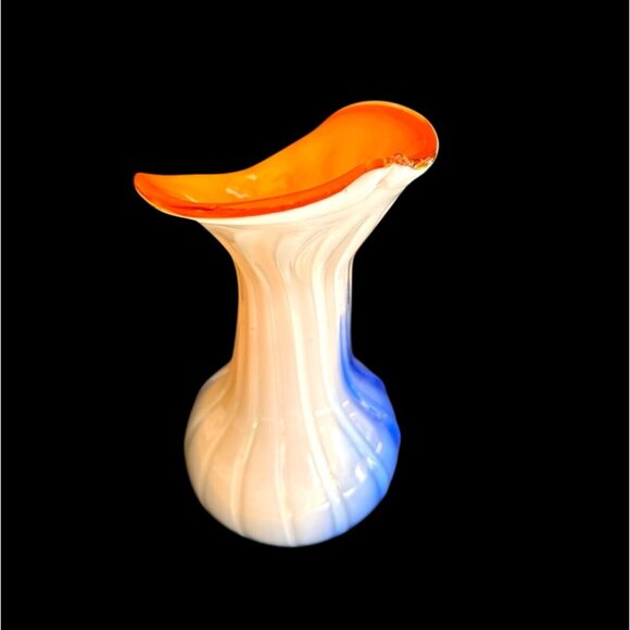 Murano-Style Vase Handblown Art Glass Tulip Vase With Orange & White Stripes Vin - Picture 3 of 9
